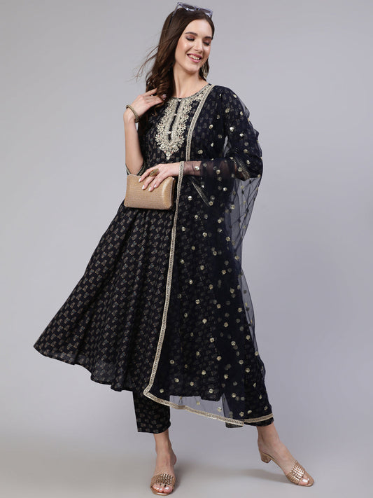 Women Navy Blue Embroidered Flared Kurta With Trouser And Dupatta | LASVINI - Redefining Indian Fashion with Elegance