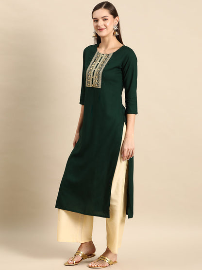 Women Green Embroidered Yoke Design Straight Kurta | LASVINI - Redefining Indian Fashion with Elegance