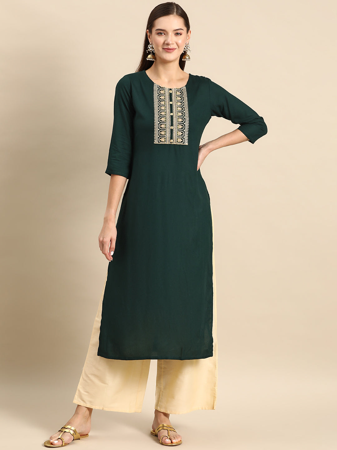 Women Green Embroidered Yoke Design Straight Kurta | LASVINI - Redefining Indian Fashion with Elegance