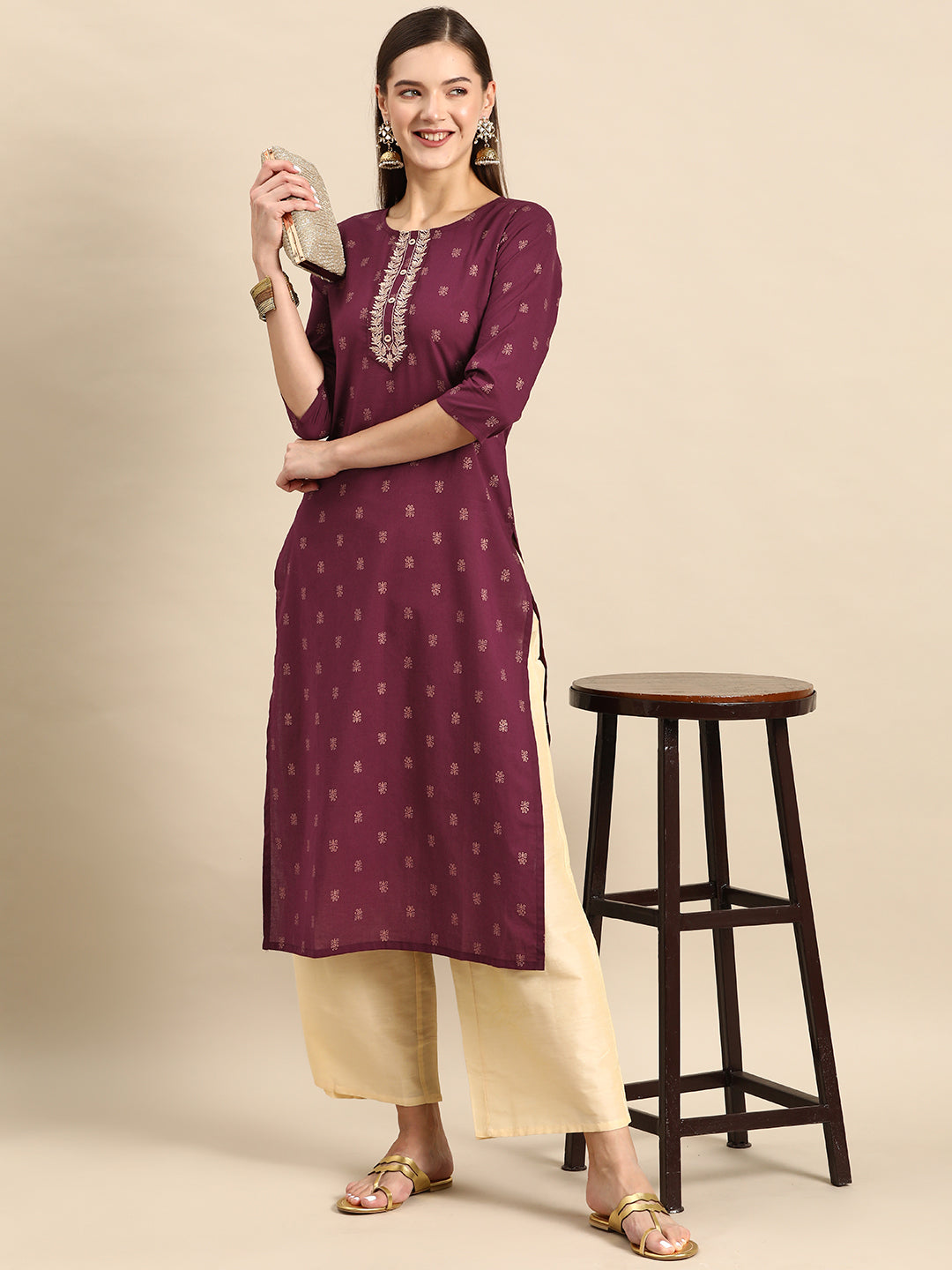 Women Burgundy Embroidered Yoke Design Straight Kurta | LASVINI - Redefining Indian Fashion with Elegance