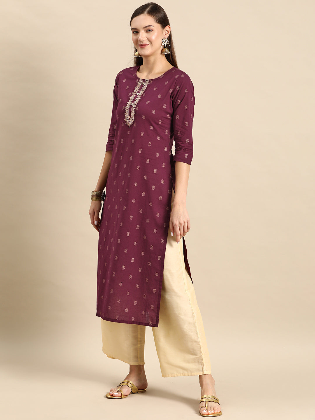 Women Burgundy Embroidered Yoke Design Straight Kurta | LASVINI - Redefining Indian Fashion with Elegance