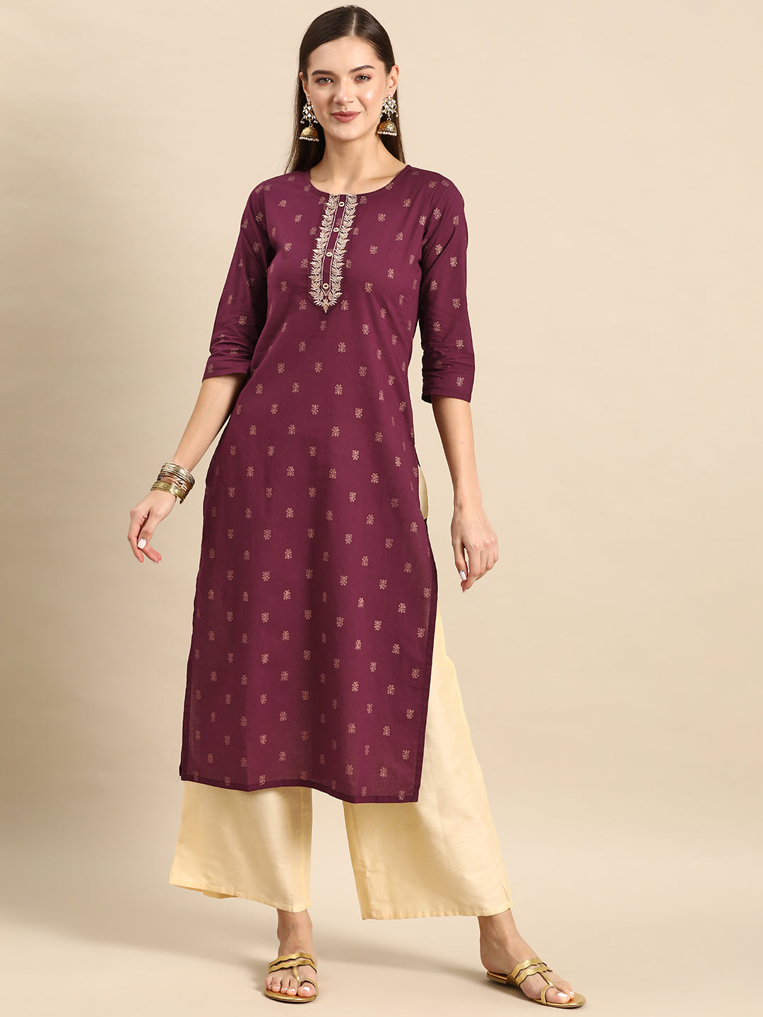 Women Burgundy Embroidered Yoke Design Straight Kurta | LASVINI - Redefining Indian Fashion with Elegance