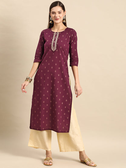 Women Burgundy Embroidered Yoke Design Straight Kurta | LASVINI - Redefining Indian Fashion with Elegance