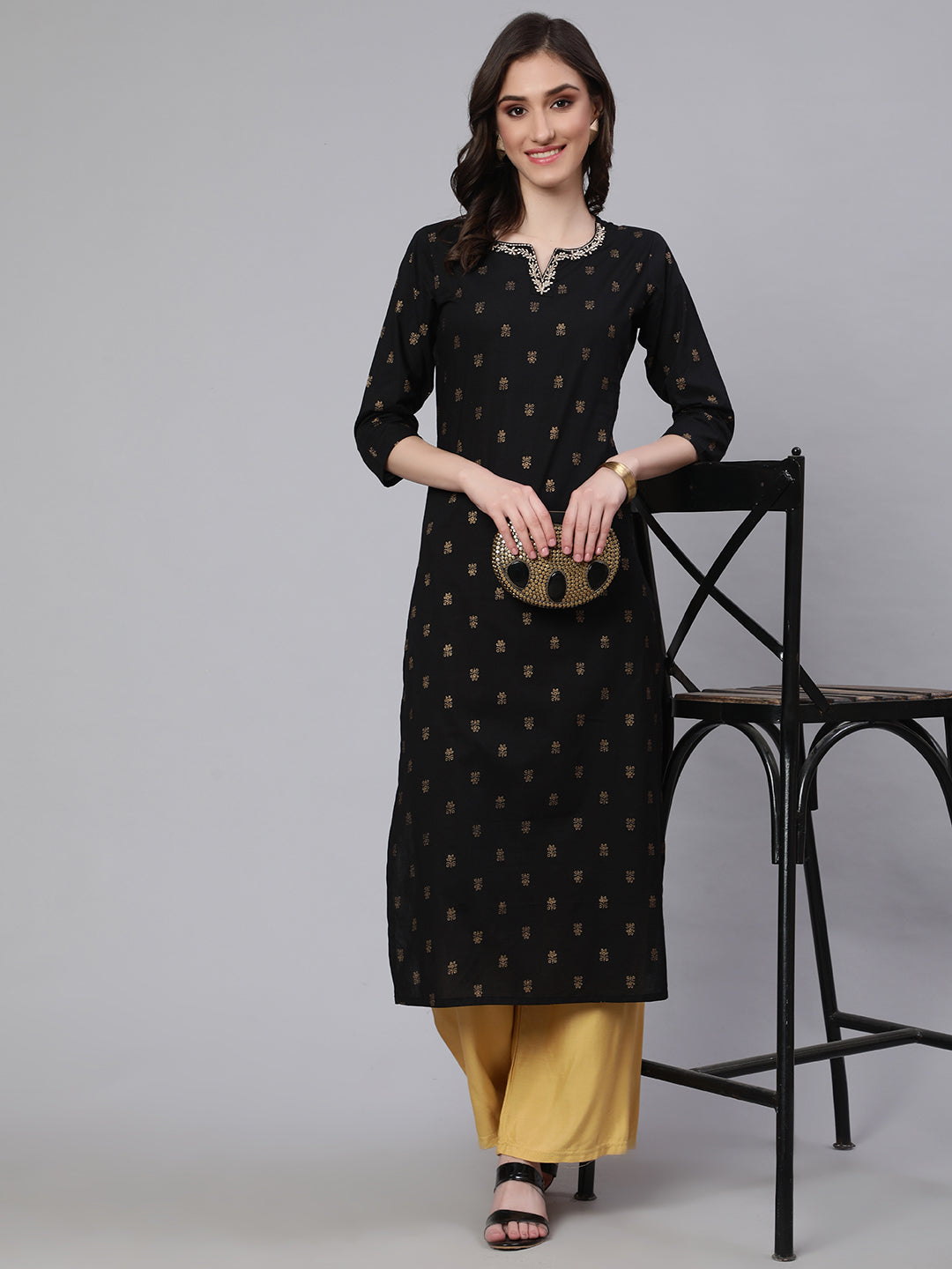 Women Black Embroidered Neckline Straight Kurta | LASVINI - Redefining Indian Fashion with Elegance