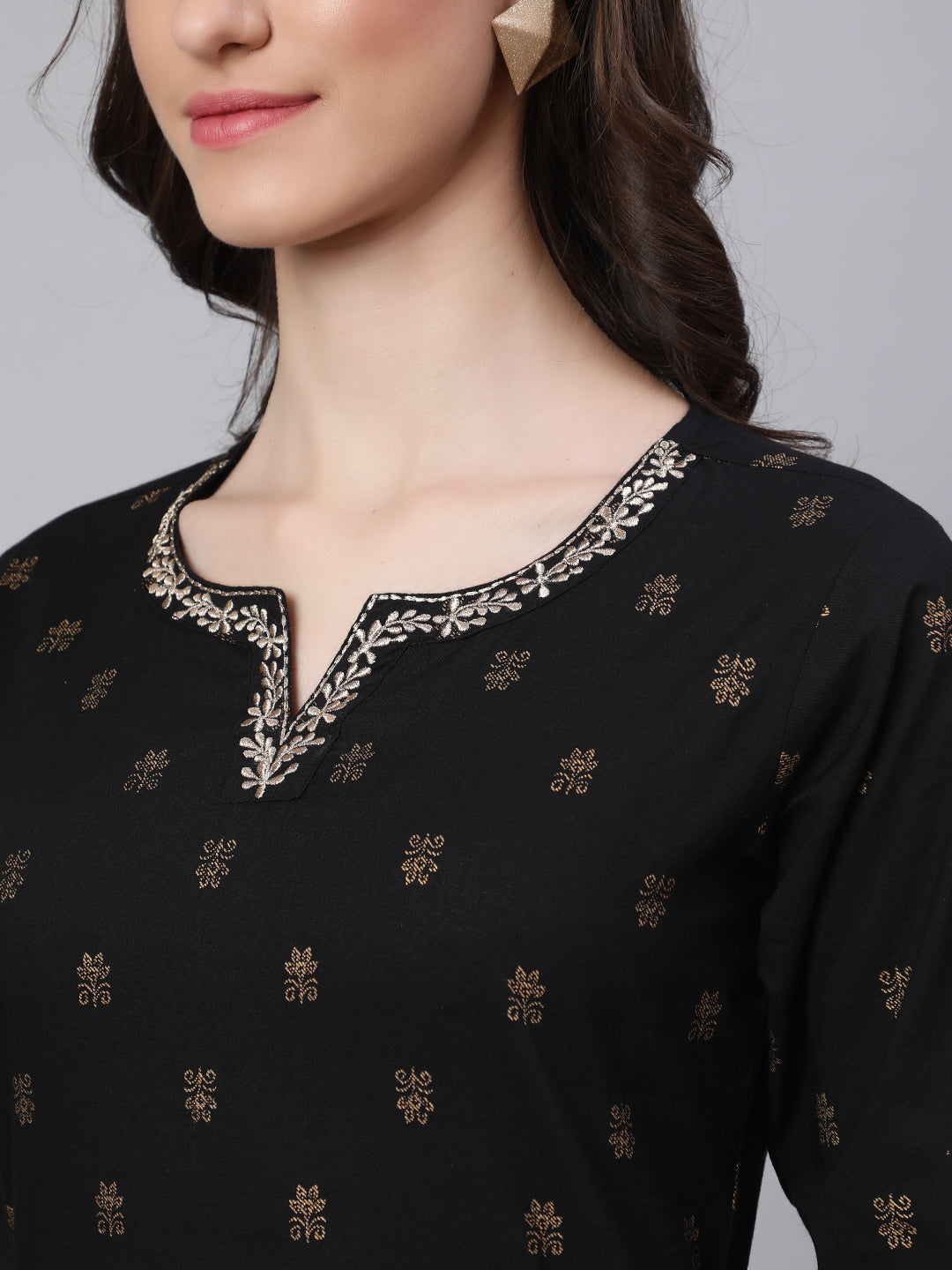 Women Black Embroidered Neckline Straight Kurta | LASVINI - Redefining Indian Fashion with Elegance