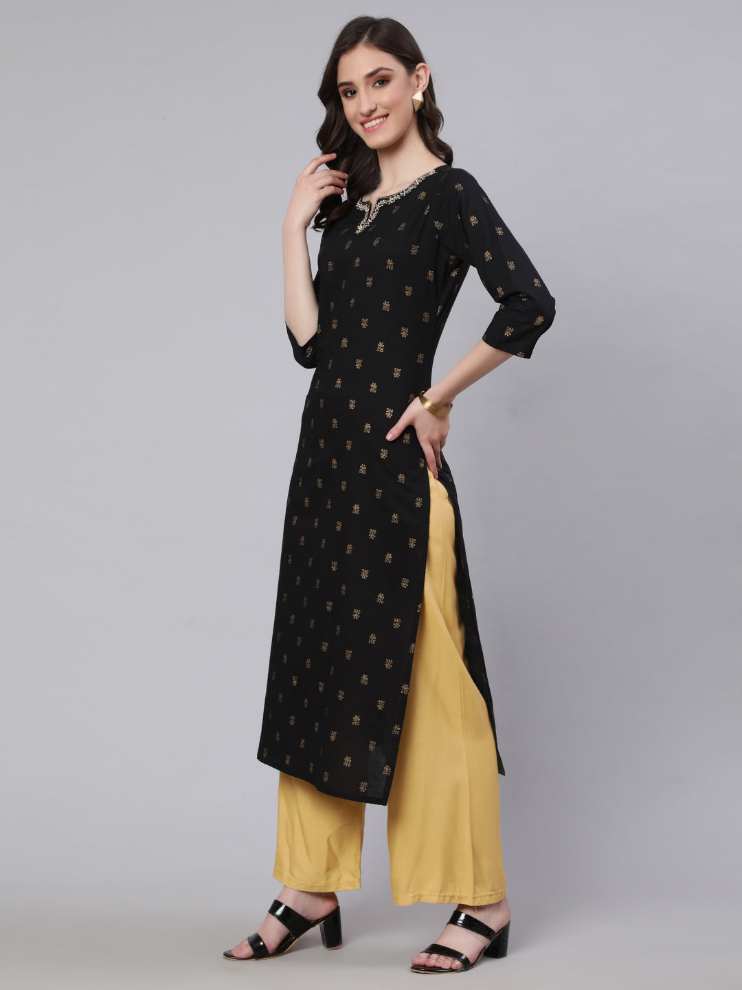 Women Black Embroidered Neckline Straight Kurta | LASVINI - Redefining Indian Fashion with Elegance