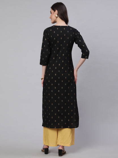 Women Black Embroidered Neckline Straight Kurta | LASVINI - Redefining Indian Fashion with Elegance
