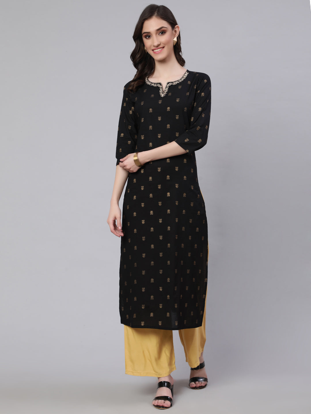 Women Black Embroidered Neckline Straight Kurta | LASVINI - Redefining Indian Fashion with Elegance