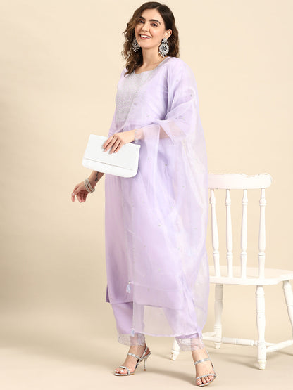 Women Lavender Embroidered Straight Kurta With Palazzo & Dupatta | LASVINI - Redefining Indian Fashion with Elegance