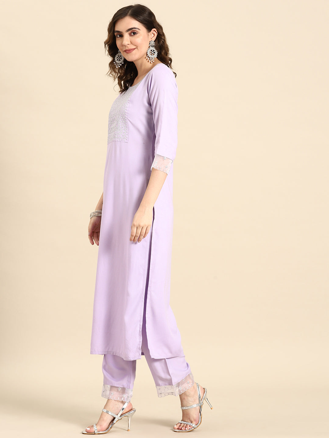 Women Lavender Embroidered Straight Kurta With Palazzo & Dupatta | LASVINI - Redefining Indian Fashion with Elegance