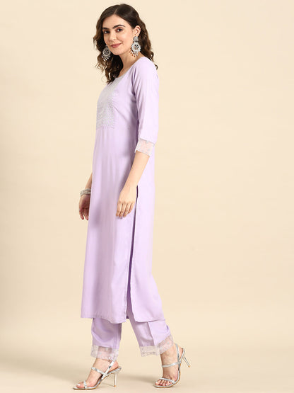 Women Lavender Embroidered Straight Kurta With Palazzo & Dupatta | LASVINI - Redefining Indian Fashion with Elegance