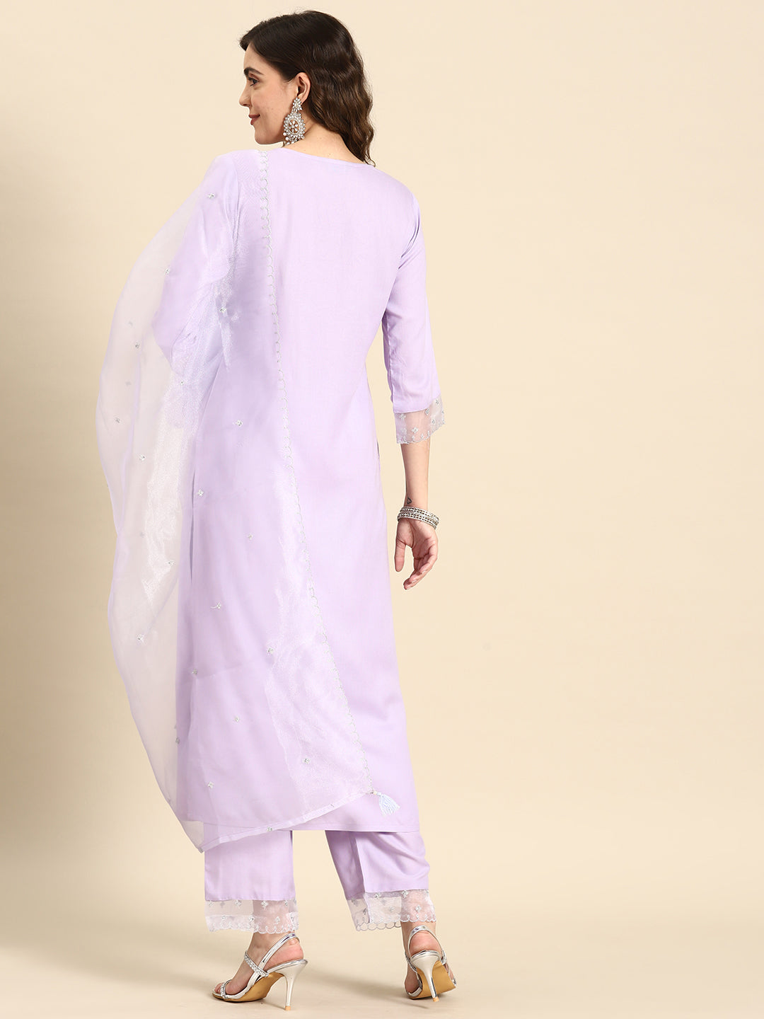 Women Lavender Embroidered Straight Kurta With Palazzo & Dupatta | LASVINI - Redefining Indian Fashion with Elegance