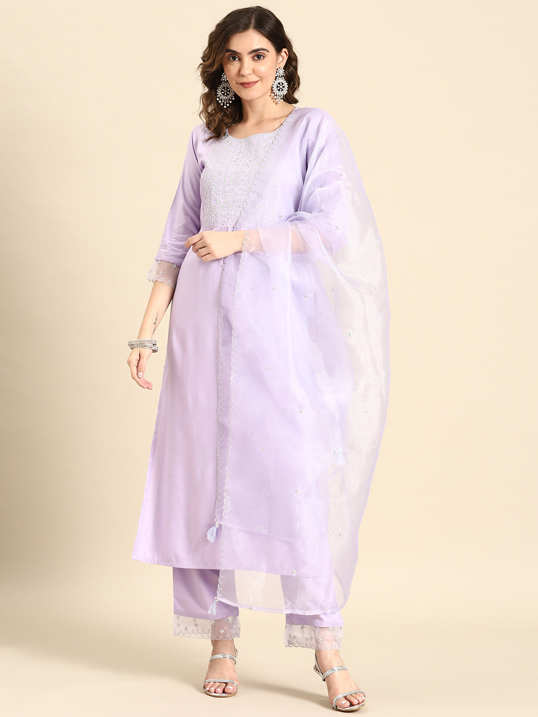 Women Lavender Embroidered Straight Kurta With Palazzo & Dupatta | LASVINI - Redefining Indian Fashion with Elegance