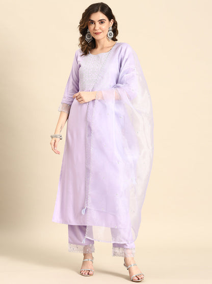 Women Lavender Embroidered Straight Kurta With Palazzo & Dupatta | LASVINI - Redefining Indian Fashion with Elegance