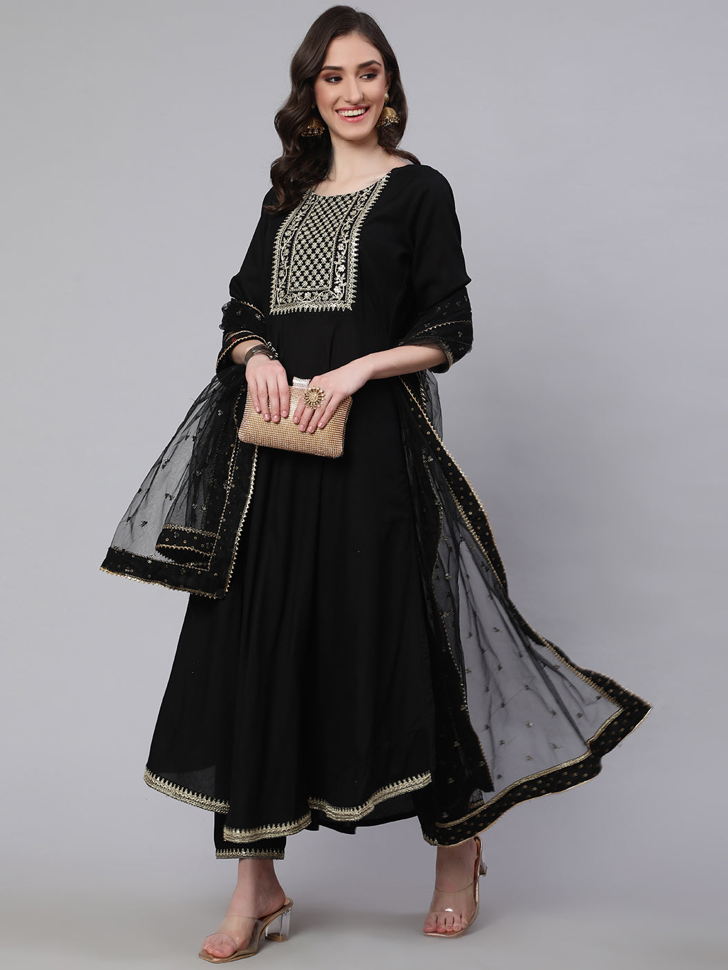 Women Black Embroidered Flared Kurta With Trouser And Net Dupatta | LASVINI - Redefining Indian Fashion with Elegance