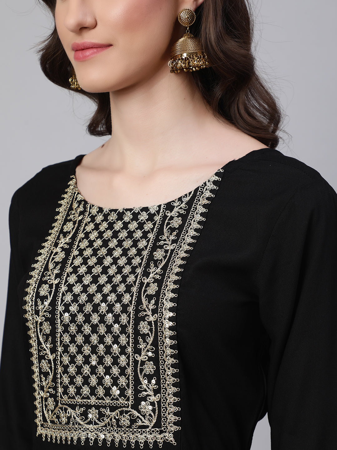 Women Black Embroidered Flared Kurta With Trouser And Net Dupatta | LASVINI - Redefining Indian Fashion with Elegance