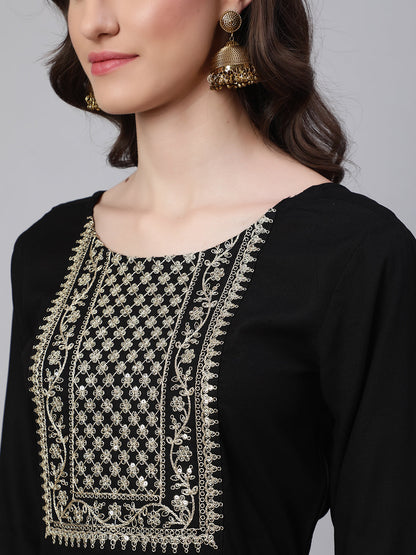 Women Black Embroidered Flared Kurta With Trouser And Net Dupatta | LASVINI - Redefining Indian Fashion with Elegance