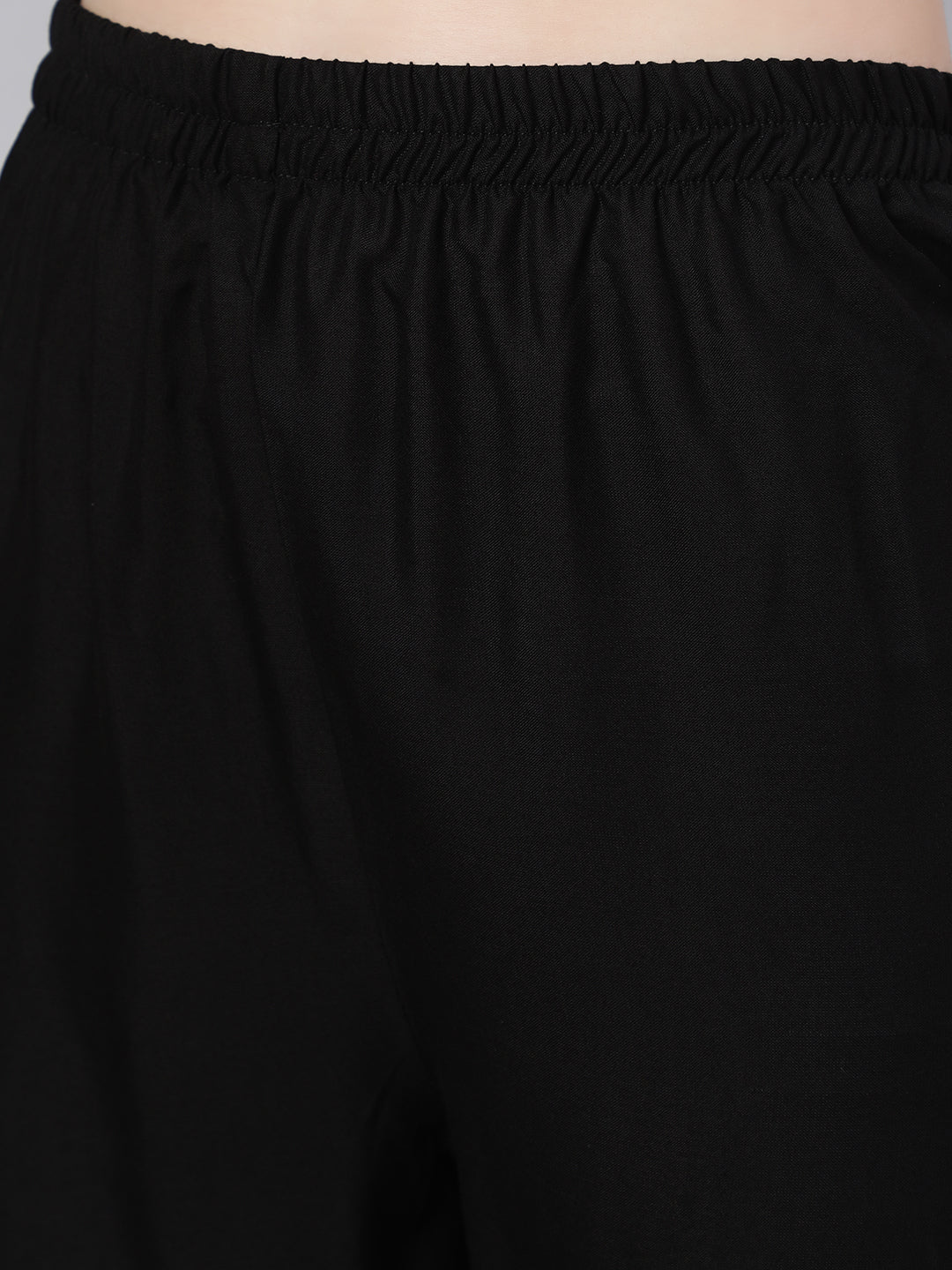 Women Black Embroidered Flared Kurta With Trouser And Net Dupatta | LASVINI - Redefining Indian Fashion with Elegance