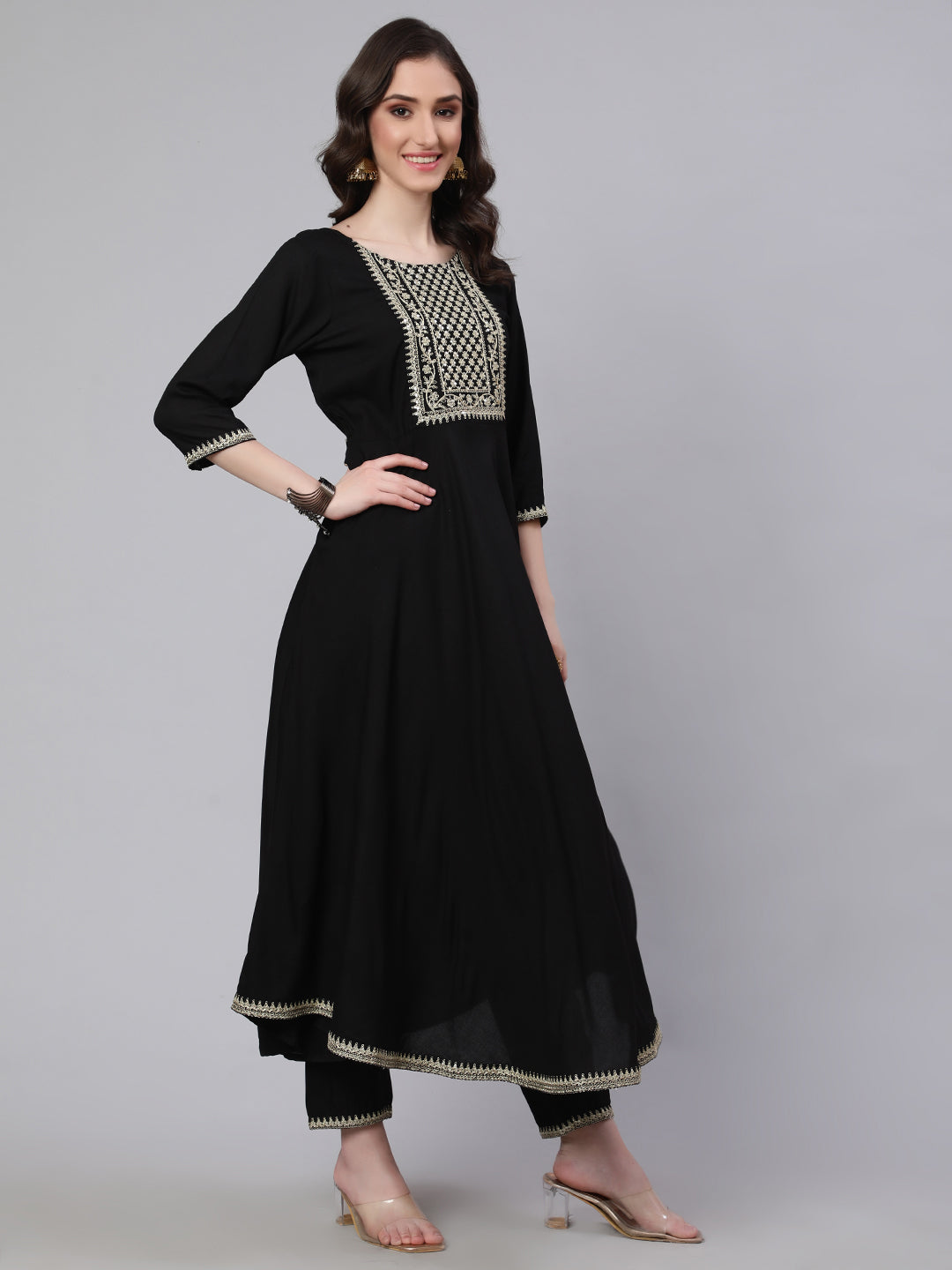 Women Black Embroidered Flared Kurta With Trouser And Net Dupatta | LASVINI - Redefining Indian Fashion with Elegance