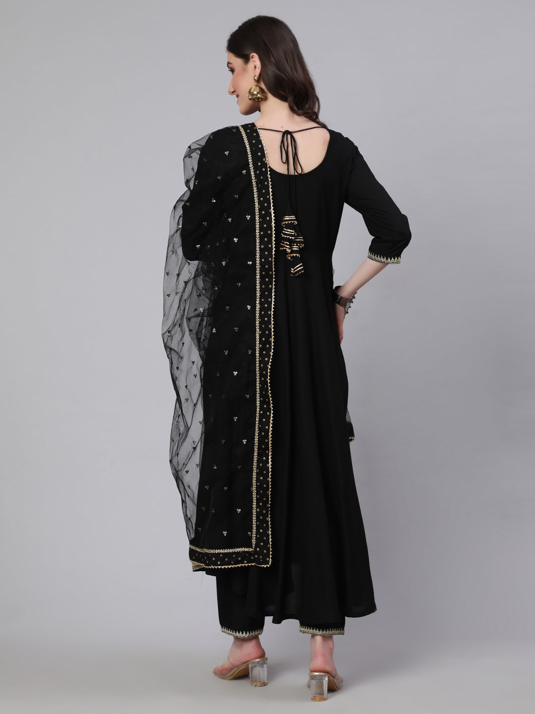 Women Black Embroidered Flared Kurta With Trouser And Net Dupatta | LASVINI - Redefining Indian Fashion with Elegance