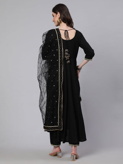 Women Black Embroidered Flared Kurta With Trouser And Net Dupatta | LASVINI - Redefining Indian Fashion with Elegance