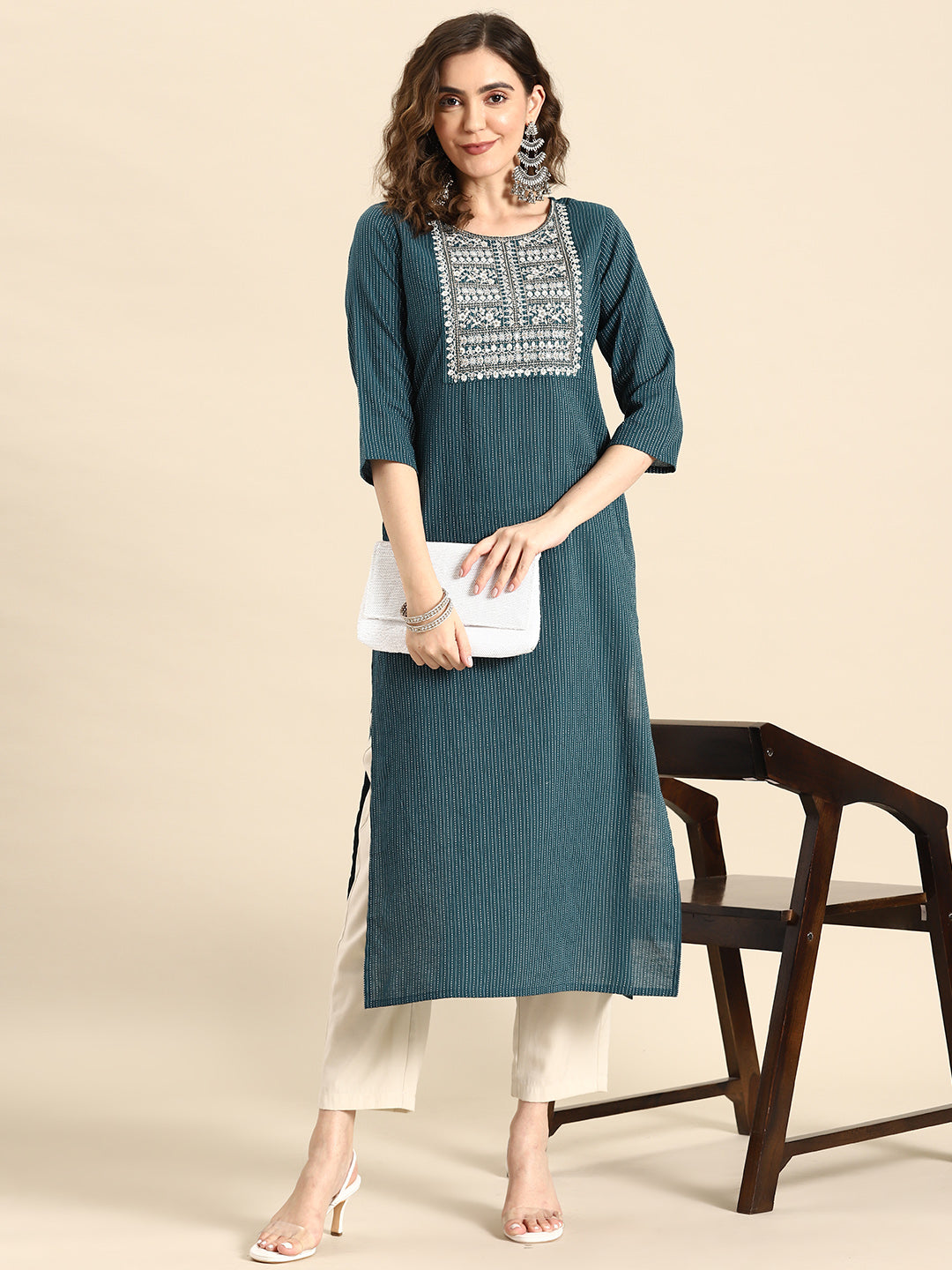 Women Teal Blue Embroidered Yoke Design Straight Kurta | LASVINI - Redefining Indian Fashion with Elegance