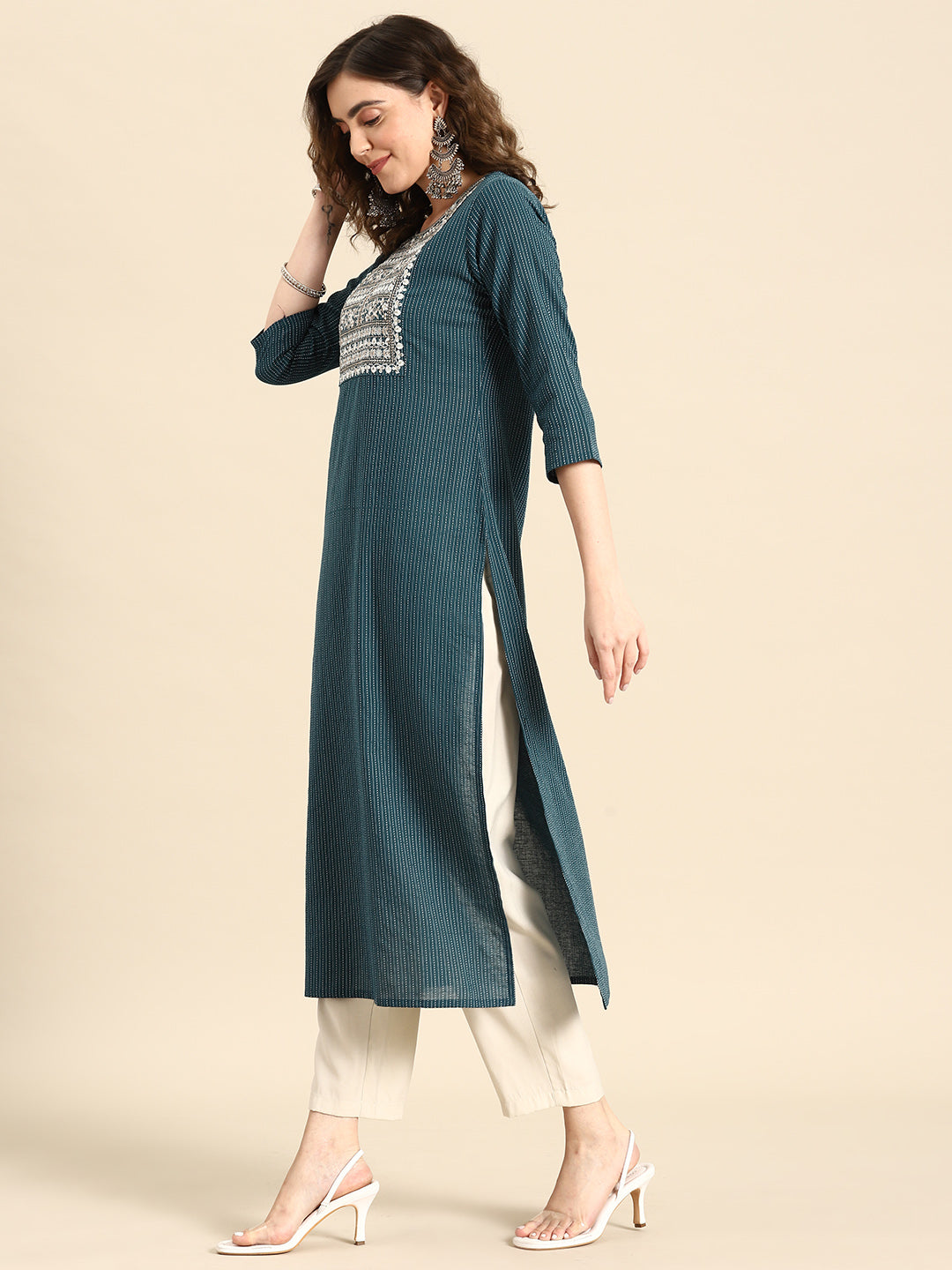 Women Teal Blue Embroidered Yoke Design Straight Kurta | LASVINI - Redefining Indian Fashion with Elegance
