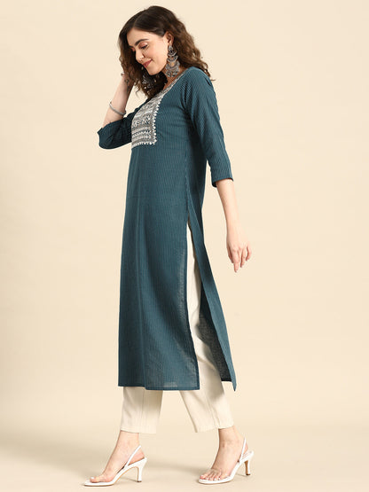 Women Teal Blue Embroidered Yoke Design Straight Kurta | LASVINI - Redefining Indian Fashion with Elegance