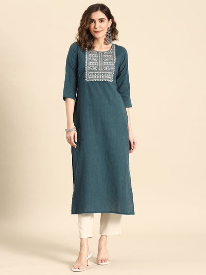 Women Teal Blue Embroidered Yoke Design Straight Kurta | LASVINI - Redefining Indian Fashion with Elegance