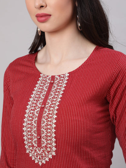 Women Maroon Embroidered Yoke Design Straight Kurta | LASVINI - Redefining Indian Fashion with Elegance
