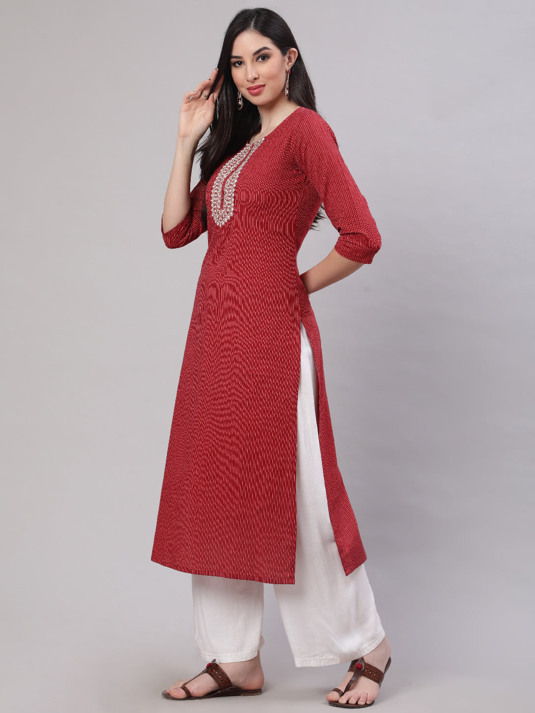 Women Maroon Embroidered Yoke Design Straight Kurta | LASVINI - Redefining Indian Fashion with Elegance