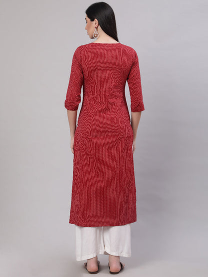 Women Maroon Embroidered Yoke Design Straight Kurta | LASVINI - Redefining Indian Fashion with Elegance