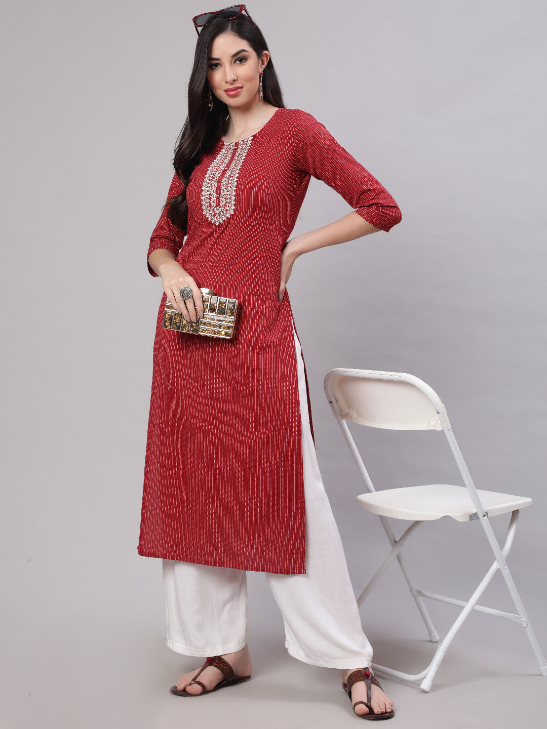 Women Maroon Embroidered Yoke Design Straight Kurta | LASVINI - Redefining Indian Fashion with Elegance