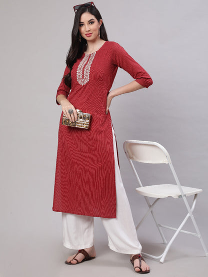 Women Maroon Embroidered Yoke Design Straight Kurta | LASVINI - Redefining Indian Fashion with Elegance