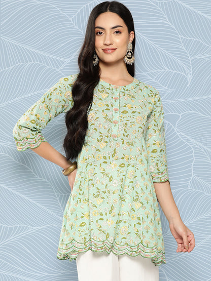 Women Green Embroidered Flared Scalloped Tunic | LASVINI - Redefining Indian Fashion with Elegance