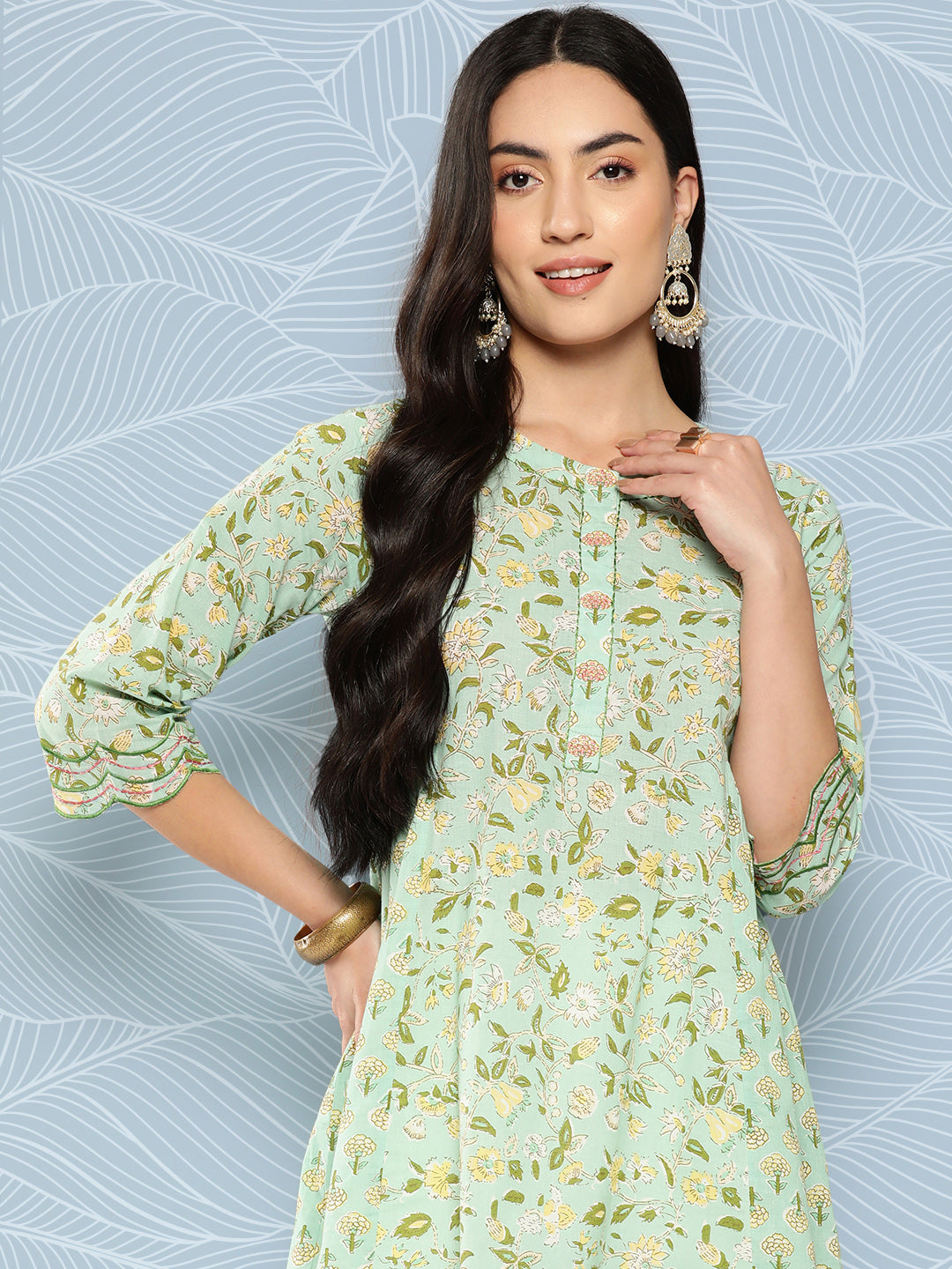 Women Green Embroidered Flared Scalloped Tunic | LASVINI - Redefining Indian Fashion with Elegance