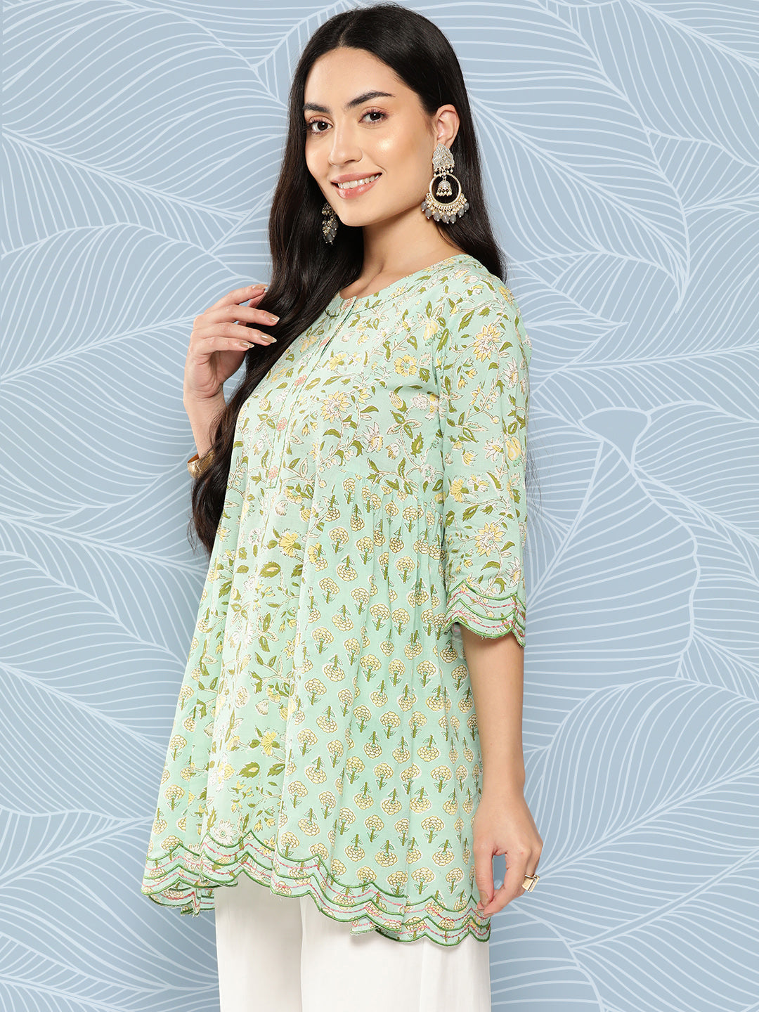 Women Green Embroidered Flared Scalloped Tunic | LASVINI - Redefining Indian Fashion with Elegance