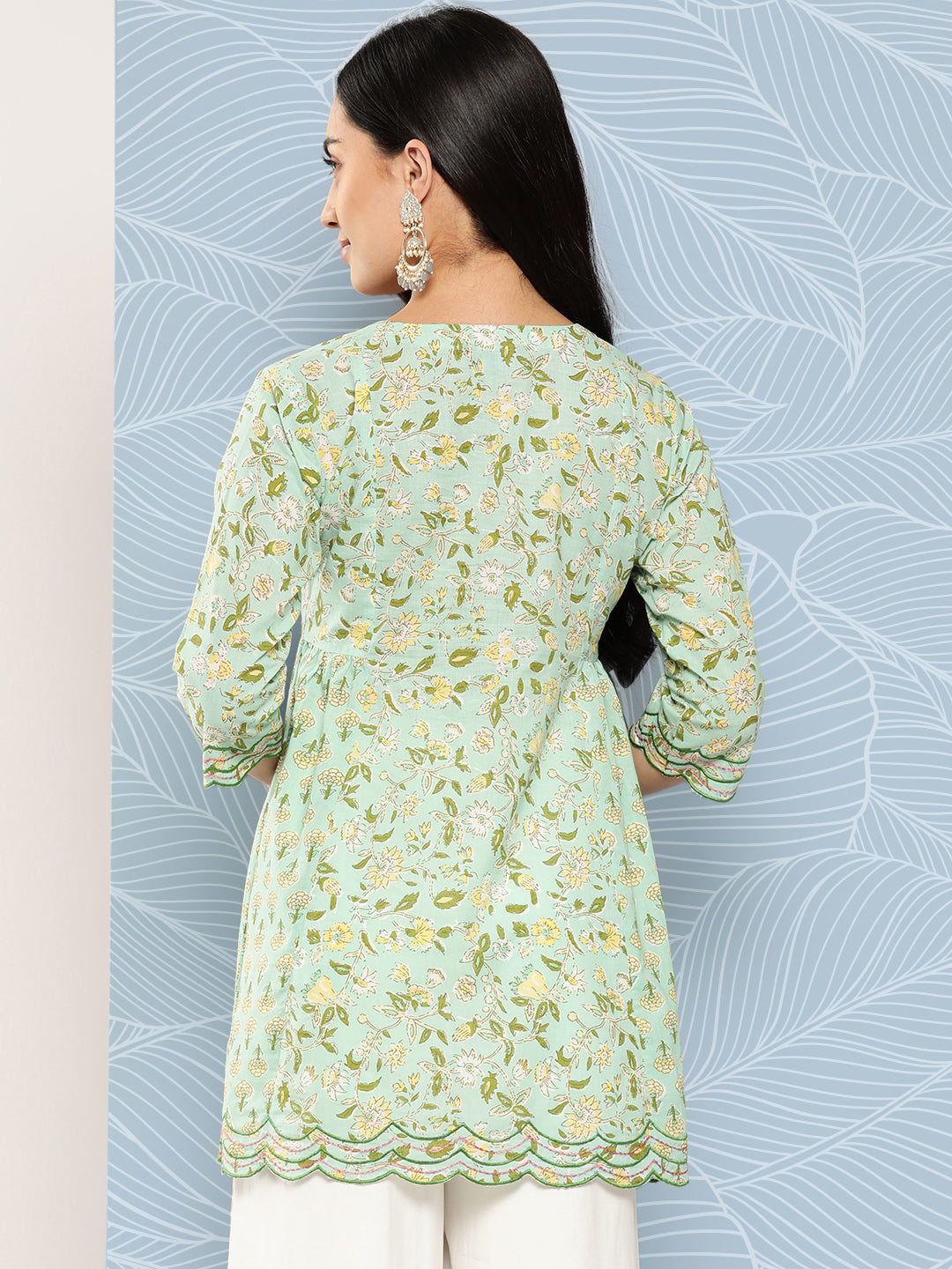 Women Green Embroidered Flared Scalloped Tunic | LASVINI - Redefining Indian Fashion with Elegance