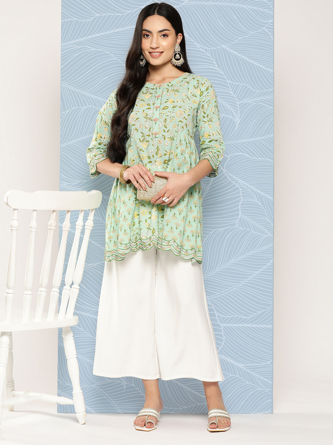 Women Green Embroidered Flared Scalloped Tunic | LASVINI - Redefining Indian Fashion with Elegance