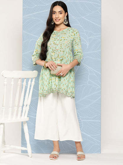 Women Green Embroidered Flared Scalloped Tunic | LASVINI - Redefining Indian Fashion with Elegance