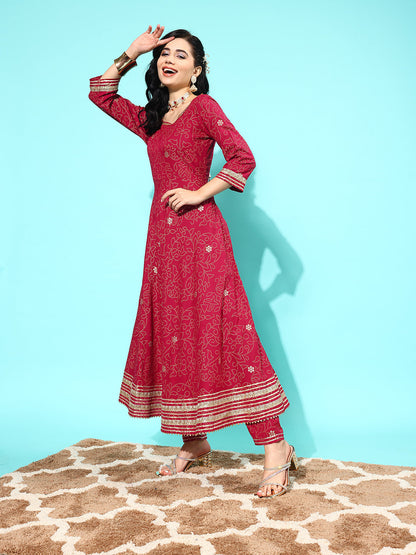 Women Maroon Floral Printed Regular Gotta Patti Pure Cotton Kurta With Trousers & With Dupatta | LASVINI - Redefining Indian Fashion with Elegance