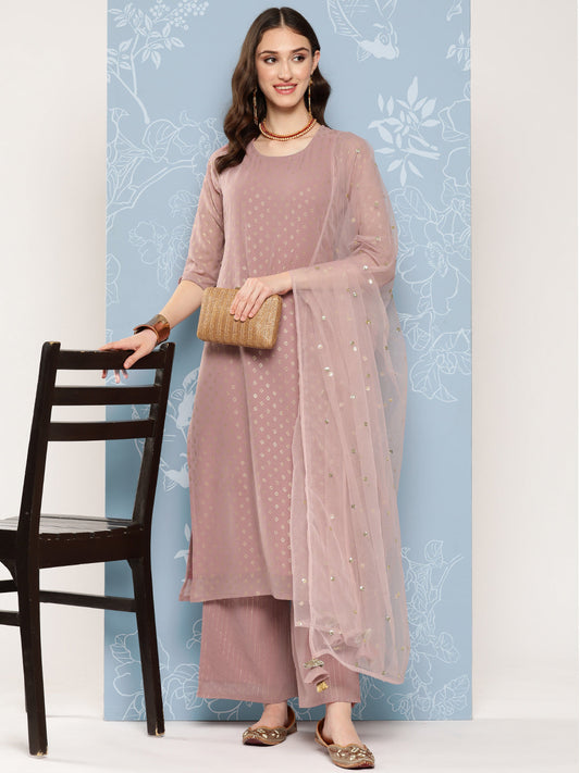 Women Mauve Foil Printed Straight Kurta With Palazzo And Net Dupatta | LASVINI - Redefining Indian Fashion with Elegance