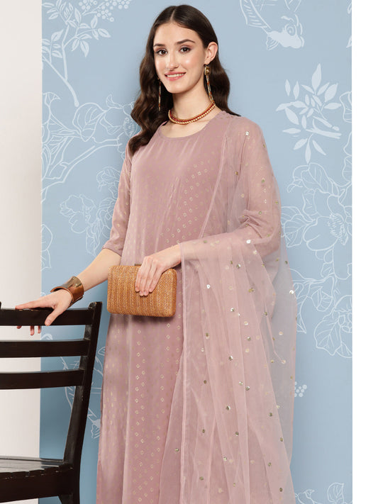 Women Mauve Foil Printed Straight Kurta With Palazzo And Net Dupatta | LASVINI - Redefining Indian Fashion with Elegance