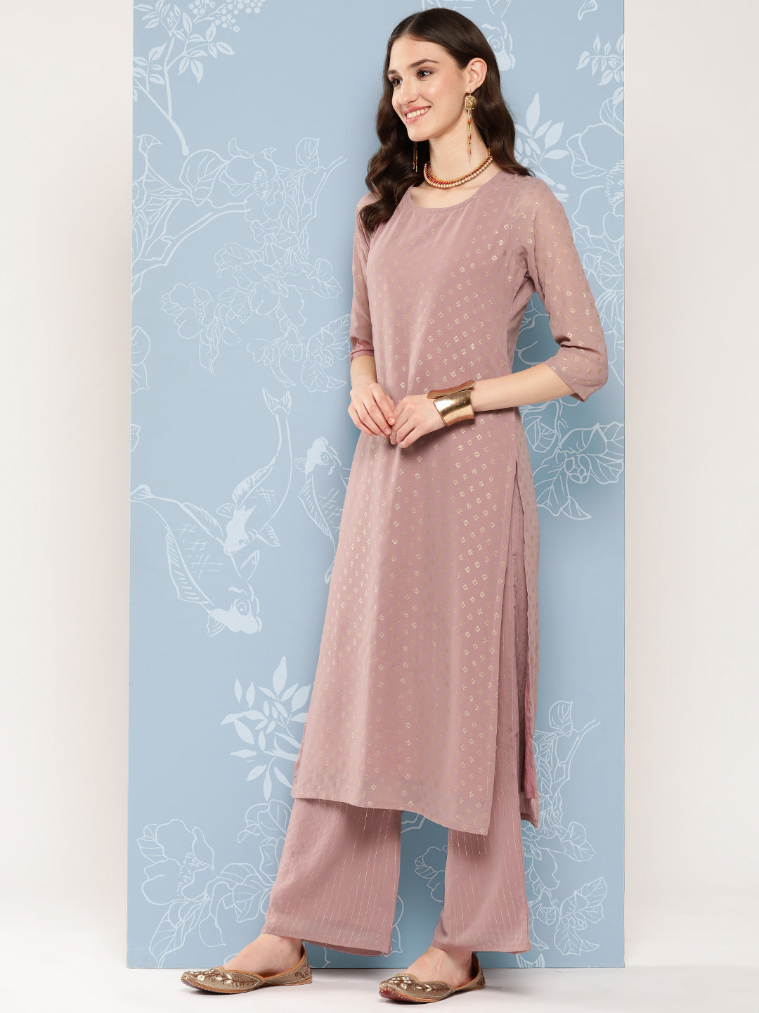 Women Mauve Foil Printed Straight Kurta With Palazzo And Net Dupatta | LASVINI - Redefining Indian Fashion with Elegance