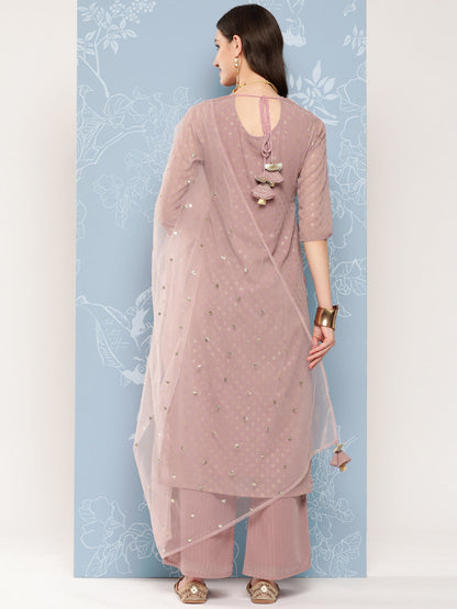 Women Mauve Foil Printed Straight Kurta With Palazzo And Net Dupatta | LASVINI - Redefining Indian Fashion with Elegance