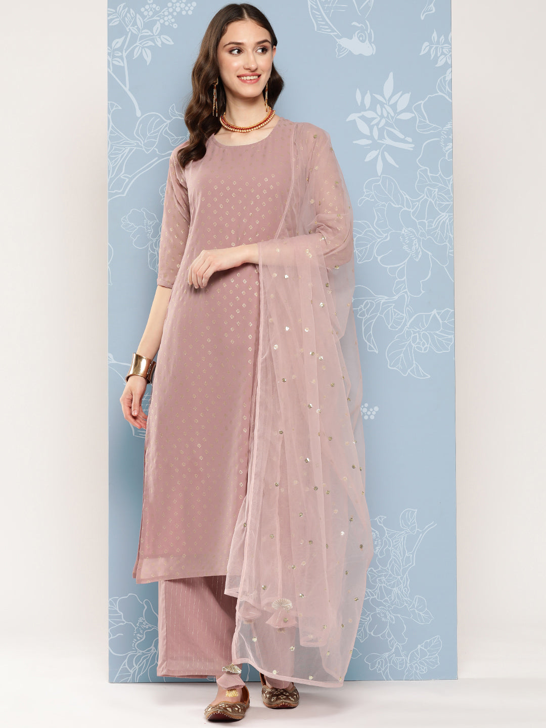 Women Mauve Foil Printed Straight Kurta With Palazzo And Net Dupatta | LASVINI - Redefining Indian Fashion with Elegance
