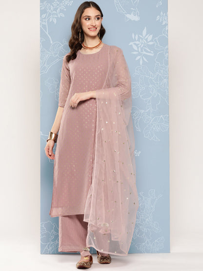 Women Mauve Foil Printed Straight Kurta With Palazzo And Net Dupatta | LASVINI - Redefining Indian Fashion with Elegance