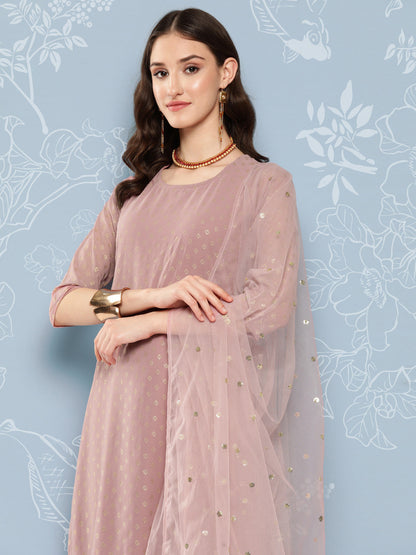 Women Mauve Foil Printed Straight Kurta With Palazzo And Net Dupatta | LASVINI - Redefining Indian Fashion with Elegance