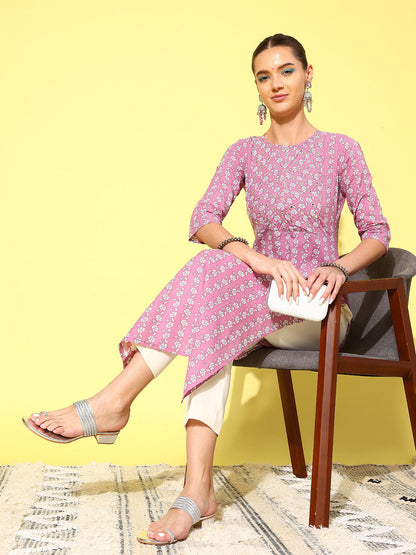 Women Purple Ethnic Printed Straight Kurta With Three Quarter Sleeves | LASVINI - Redefining Indian Fashion with Elegance