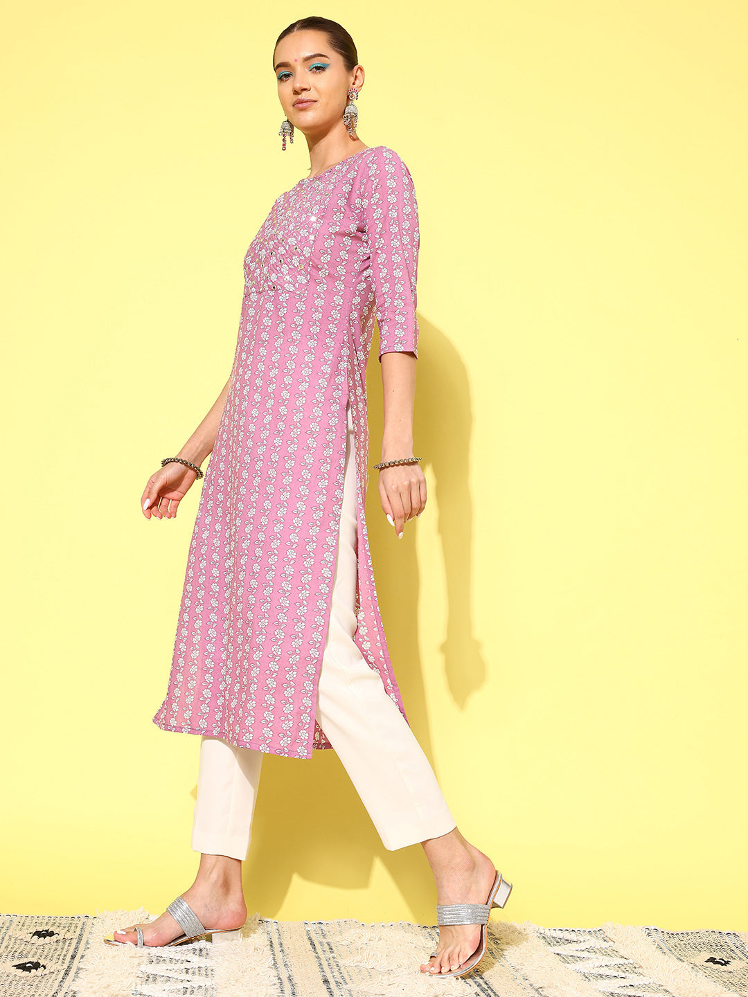 Women Purple Ethnic Printed Straight Kurta With Three Quarter Sleeves | LASVINI - Redefining Indian Fashion with Elegance